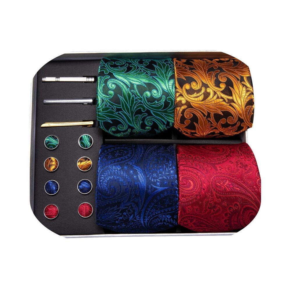 5098 Man Paisley Flower Woven Tie Sets Silk Solid Pocket Suqare Cufflinks